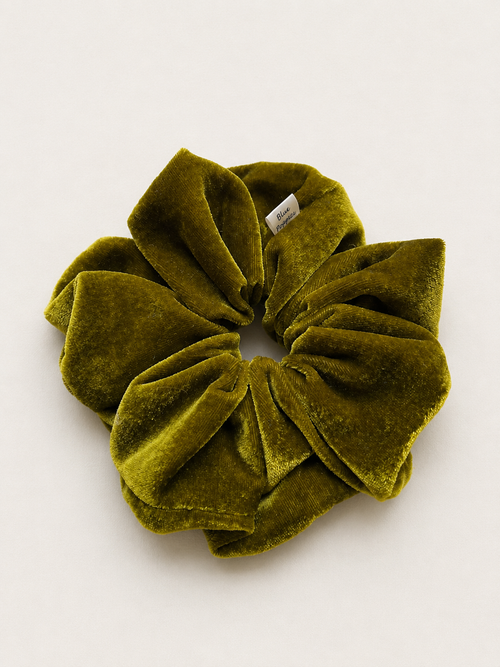 Olive moss velvet scrunchie by Blue Poppies